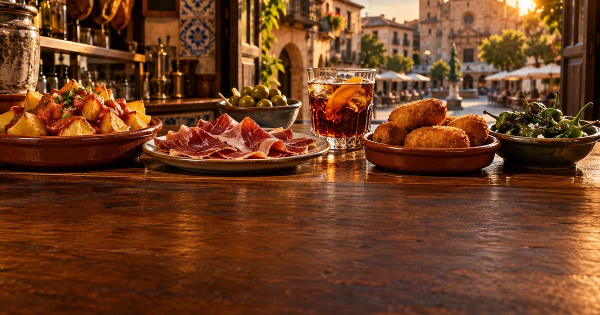 Illustration of a tapas bar counter in an old Spanish town