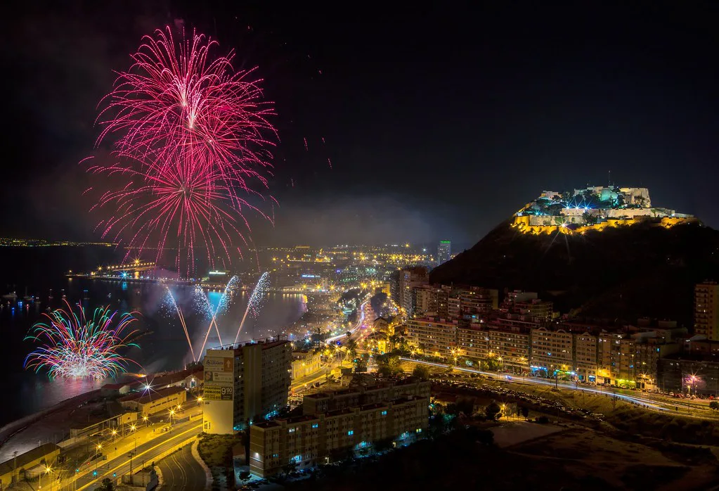 Fireworks over the Castillo de Santa Bárbara during the Hogueras de Alicante 2014 fireworks contest.